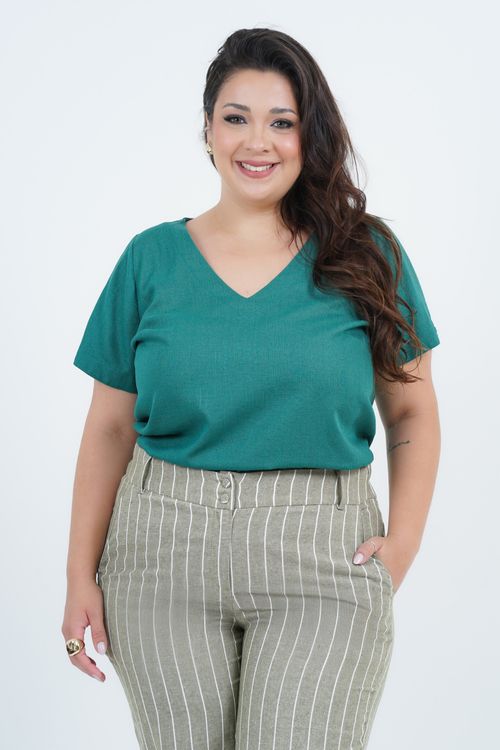 Blusa Plus Size Feminino Manga Curta Linho Ilhós