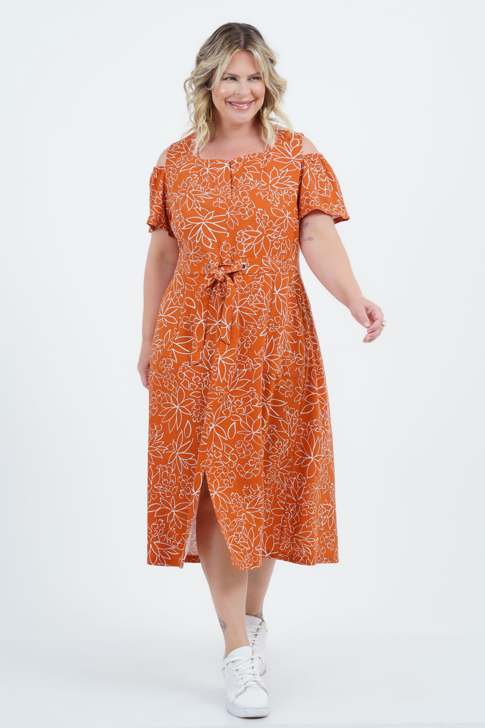 Vestido Plus Size Feminino Midi Linho Mandarina