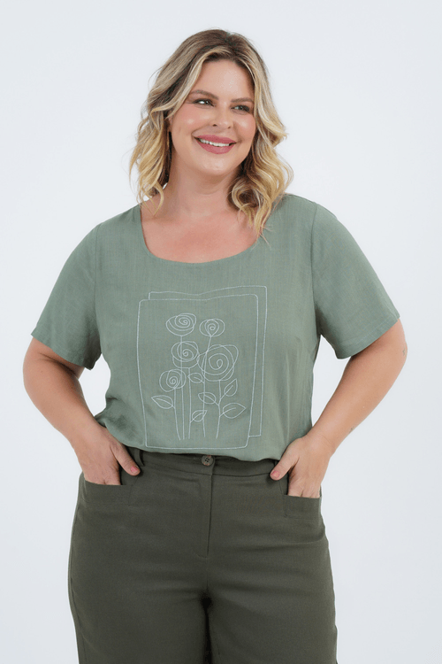 Blusa Plus Size Feminino Manga Curta Linho Fragrância