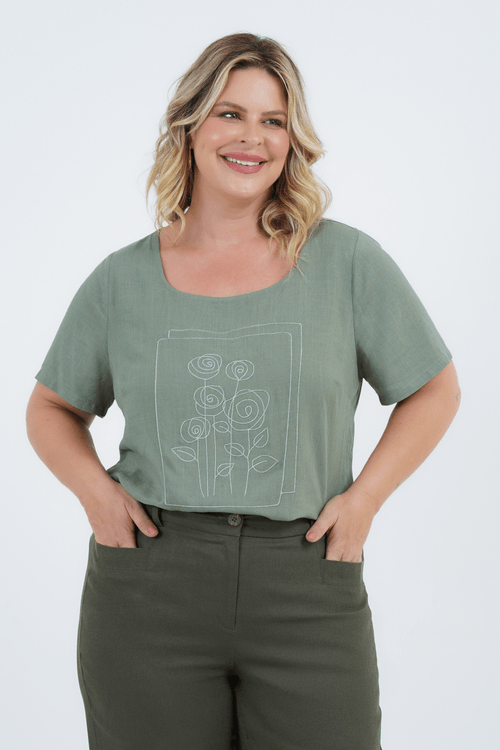 Blusa Plus Size Feminino Manga Curta Linho Fragrância