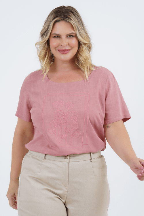 Blusa Plus Size Feminino Manga Curta Linho Fragrância