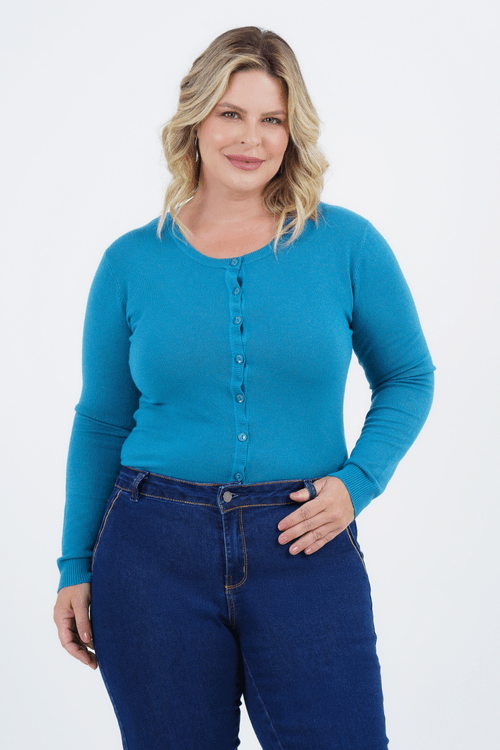 Cardigã Plus Size Feminino Tricot Manga Longa Glacial