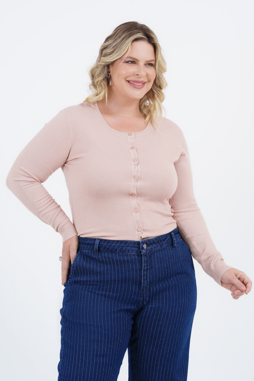 Cardigã Plus Size Feminino Tricot Manga Longa Glacial