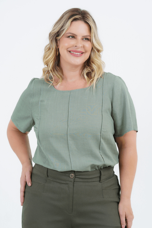 Blusa Plus Size Feminino Manga Curta Linho Murano