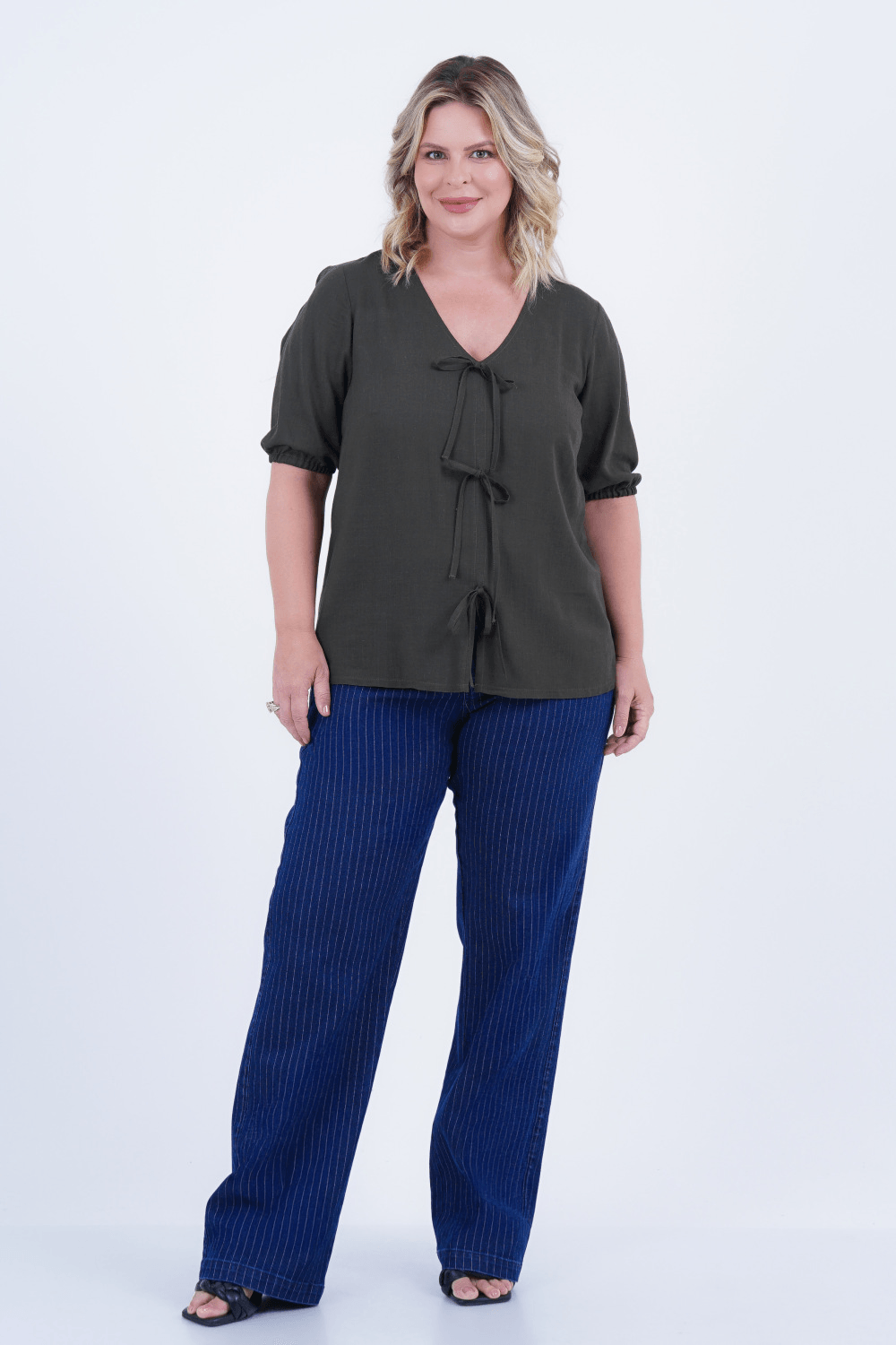 Blusa Plus Size Feminino Manga 3/4 Linho Apego