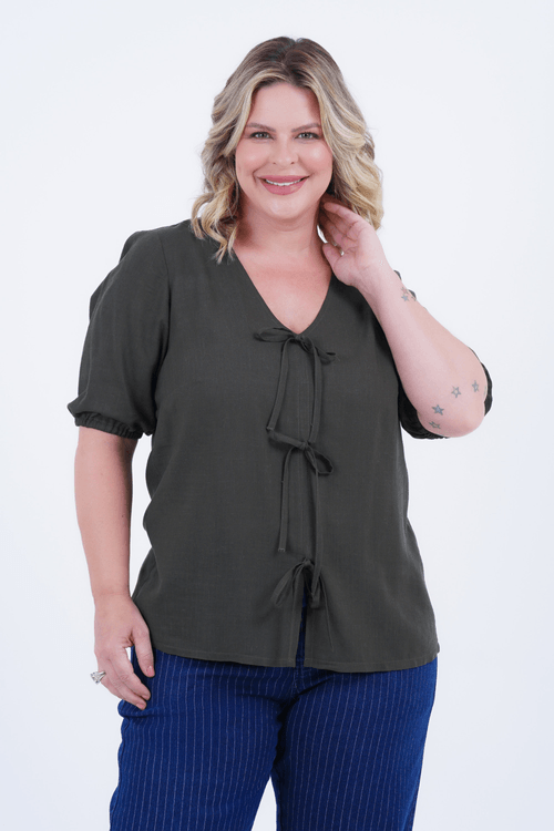 Blusa Plus Size Feminino Manga 3/4 Linho Apego