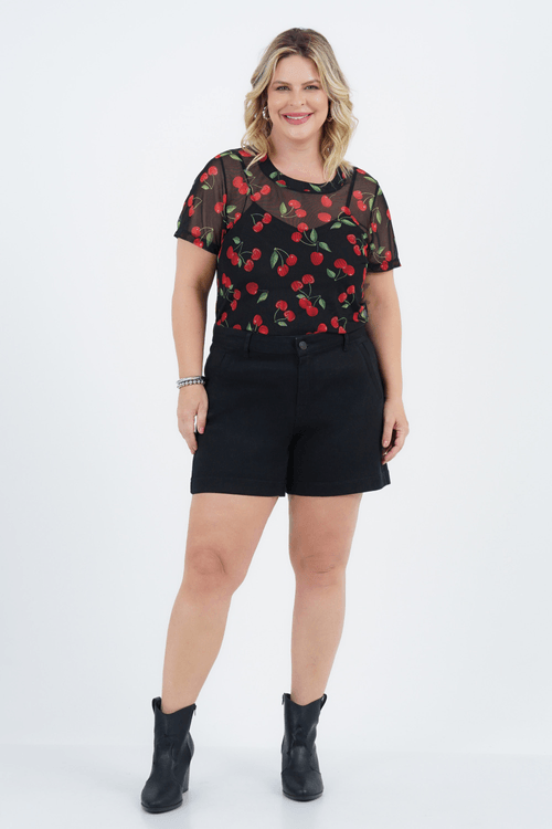 Blusa Plus Size Feminino Manga Curta Tule Desejo