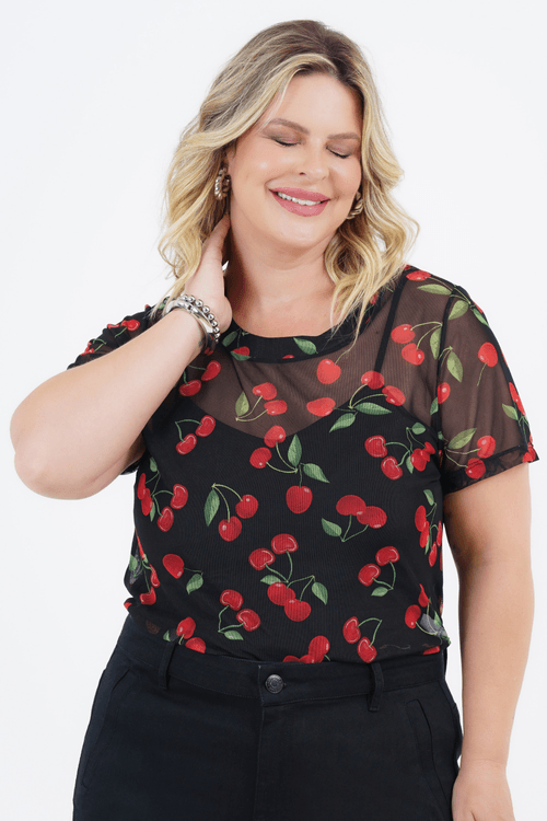Blusa Plus Size Feminino Manga Curta Tule Desejo