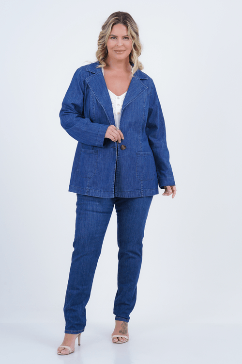 Blazer Plus Size Feminino Manga Longa Jeans Orgânico