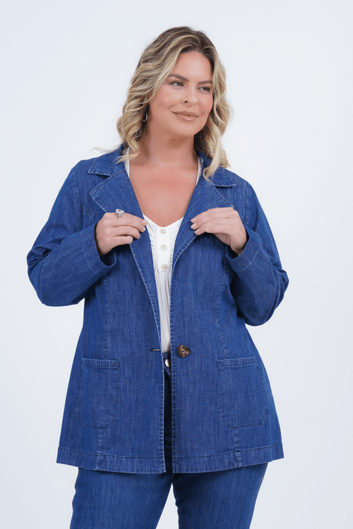 Blazer Plus Size Feminino Manga Longa Jeans Orgânico
