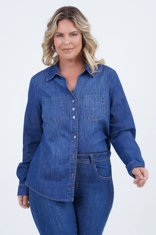 Camisa Plus Size Feminino Manga Longa Slim Jeans Elemento