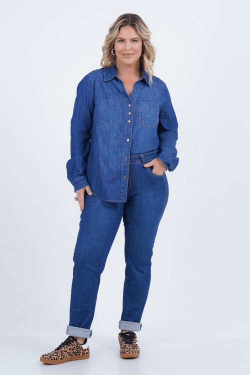 Camisa Plus Size Feminino Manga Longa Slim Jeans Elemento