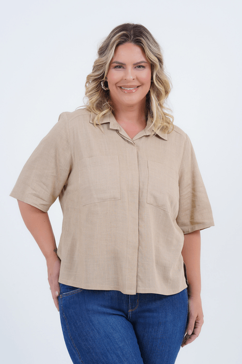 Camisa Plus Size Feminino Manga 3/4 Linho Vida