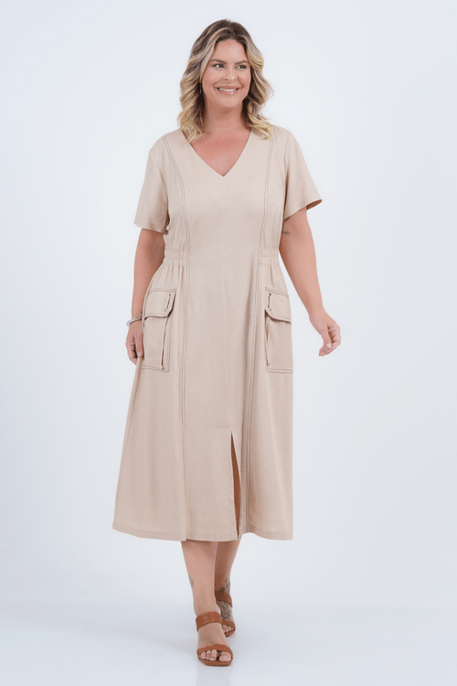 Vestido Plus Size Feminino Midi Linho Simetria