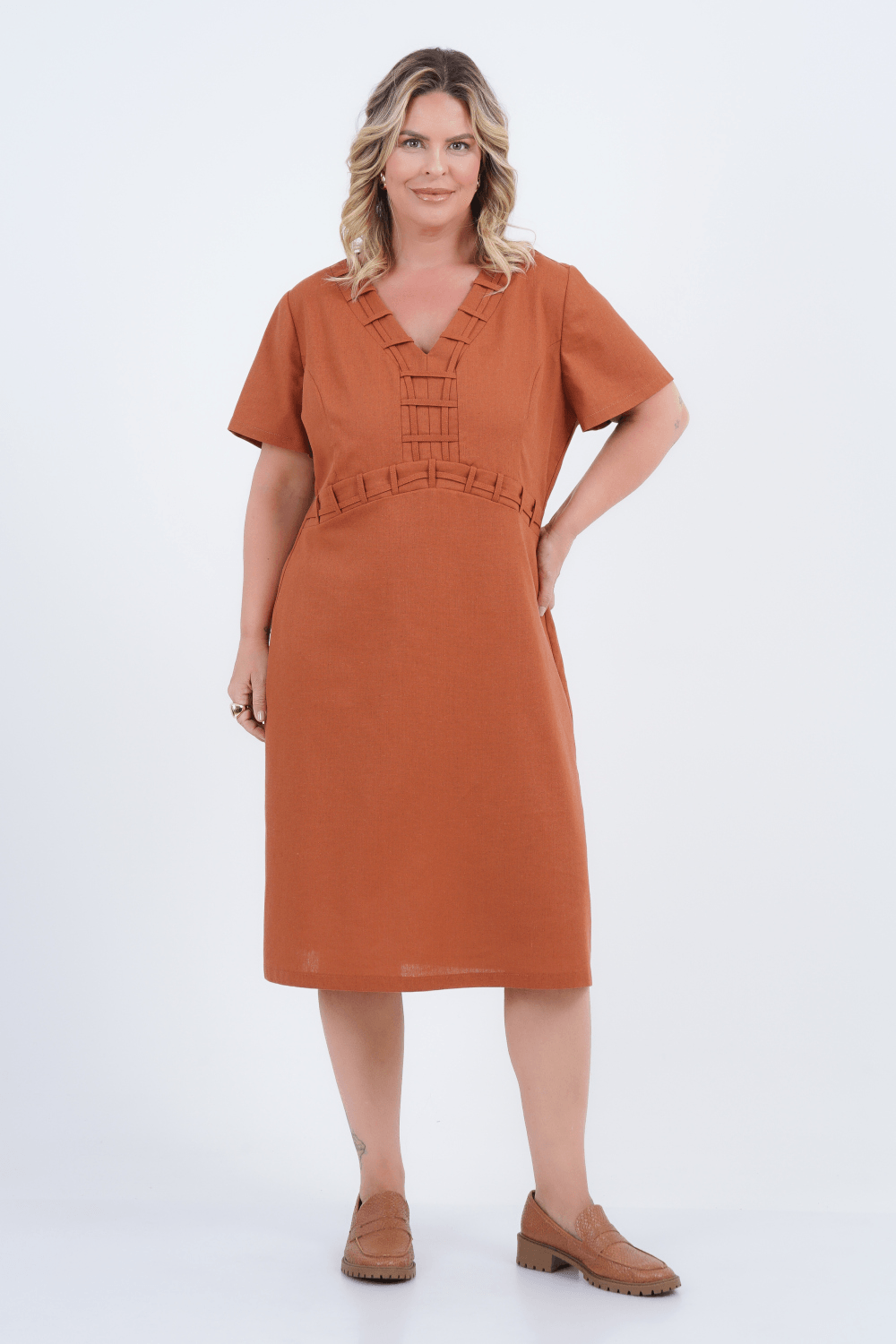 Vestido Plus Size Feminino Médio Linho Gruta