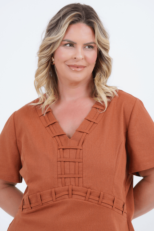 Vestido Plus Size Feminino Médio Linho Gruta