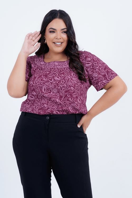 Blusa Plus Size Feminino Manga Curta Damasco