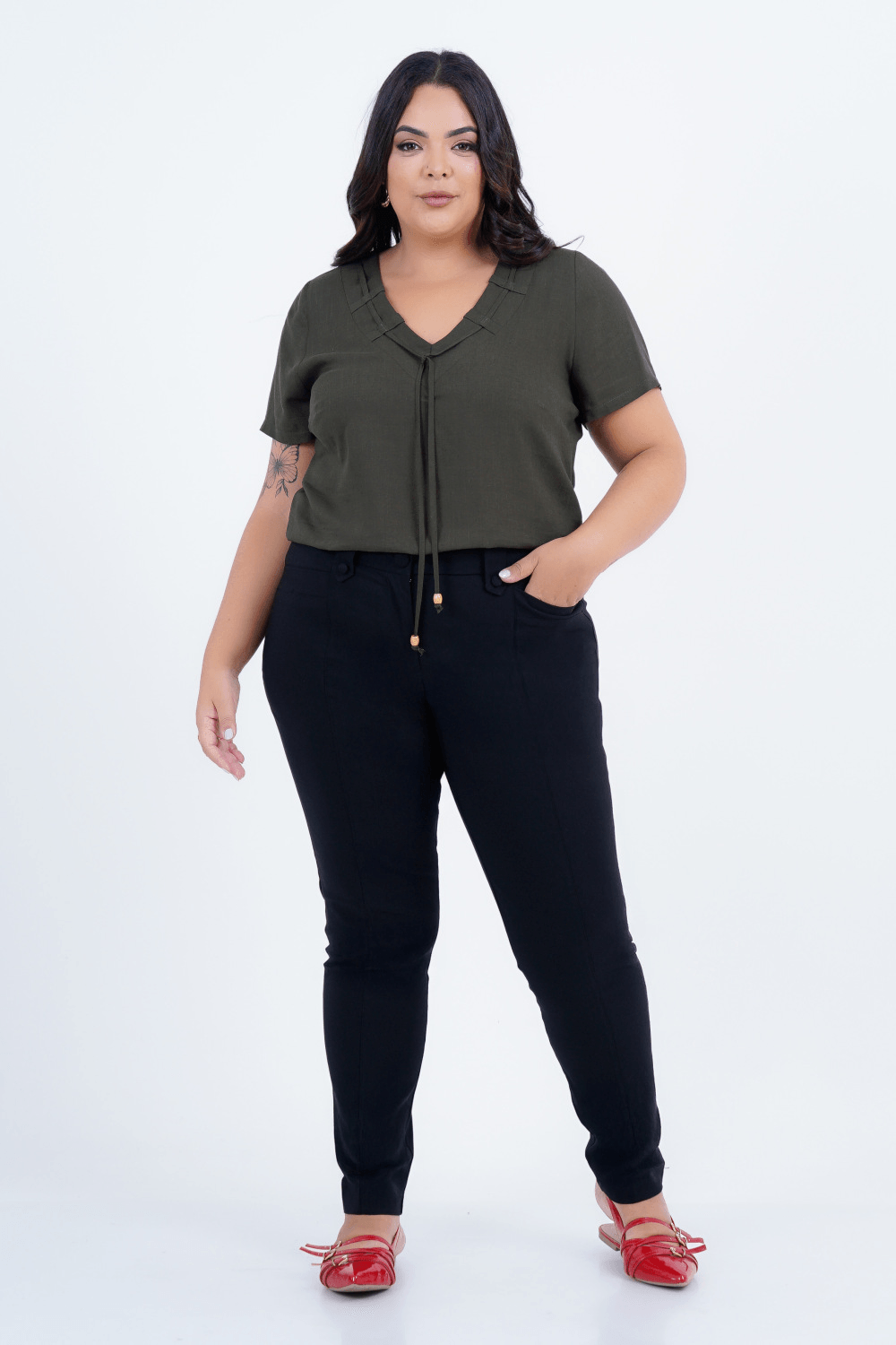 Blusa Plus Size Feminino Manga Curta Linho Fitilho