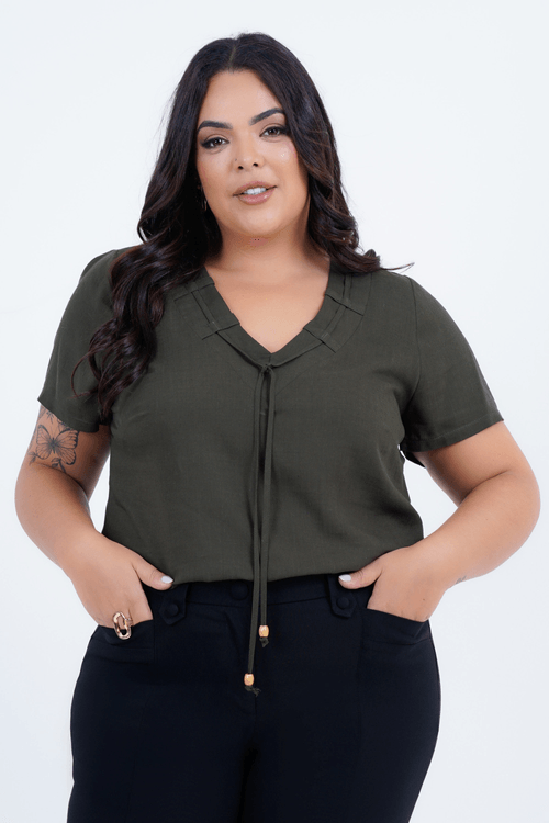 Blusa Plus Size Feminino Manga Curta Linho Fitilho