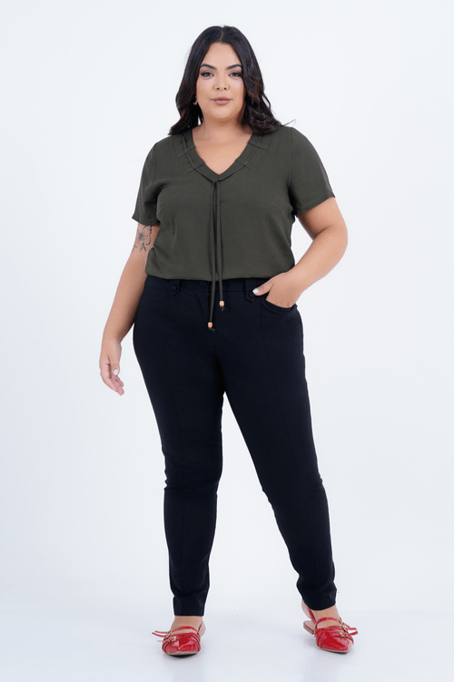 Blusa Plus Size Feminino Manga Curta Linho Fitilho
