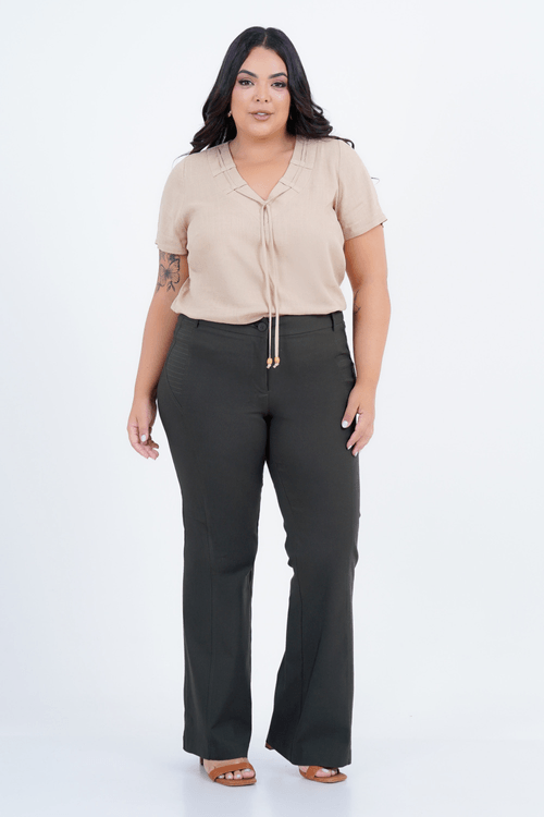 Blusa Plus Size Feminino Manga Curta Linho Fitilho