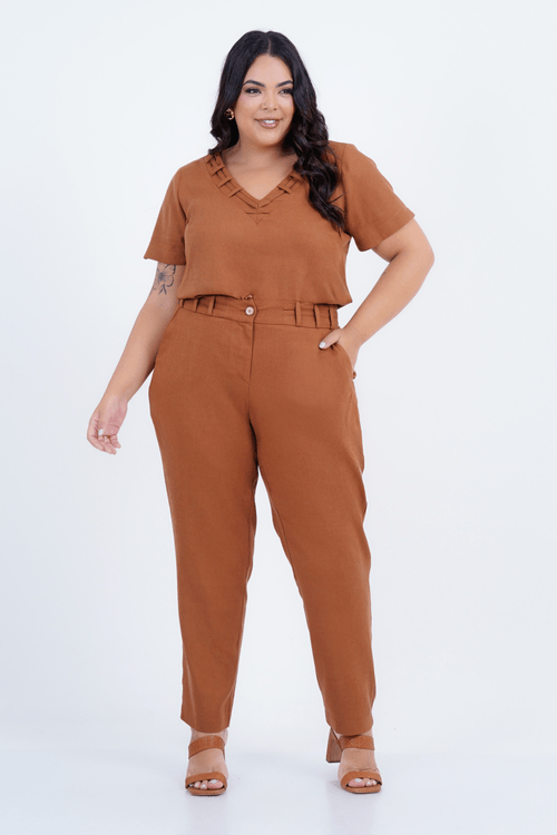 Calça Plus Size Feminino Reta Linho Estradas