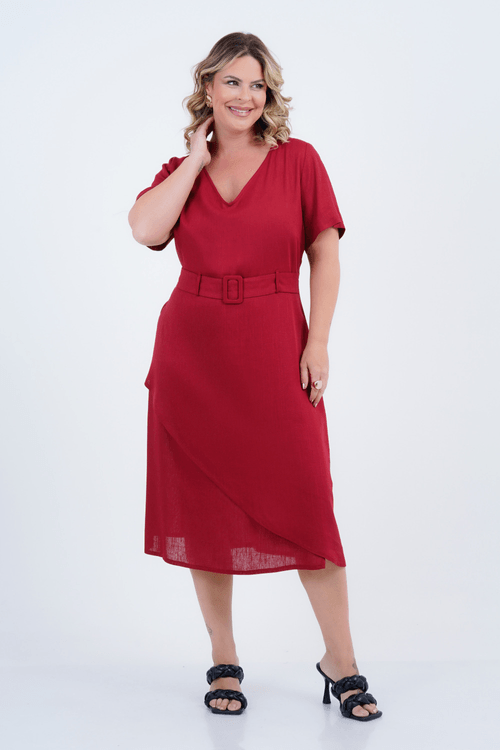 Vestido Plus Size Feminino Midi Linho Fivela