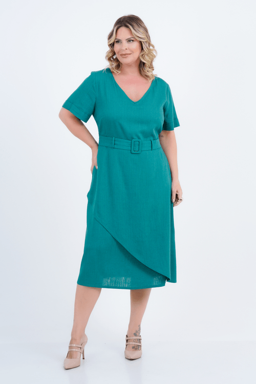 Vestido Plus Size Feminino Midi Linho Fivela