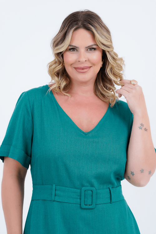 Vestido Plus Size Feminino Midi Linho Fivela