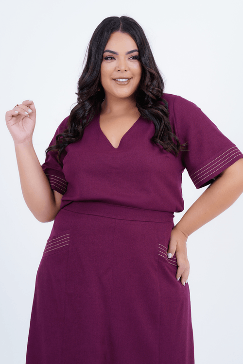 Blusa Plus Size Feminino Manga Curta Linho Carmenere