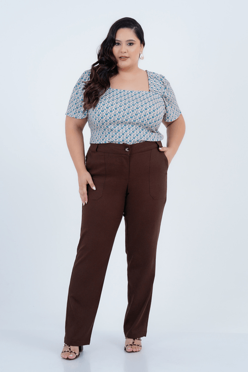 Calça Plus Size Feminino Reta Linho Chocolate