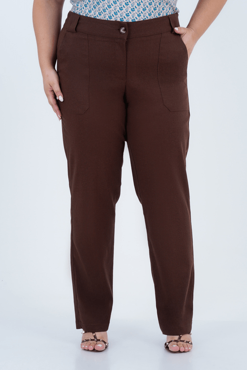 Calça Plus Size Feminino Reta Linho Chocolate