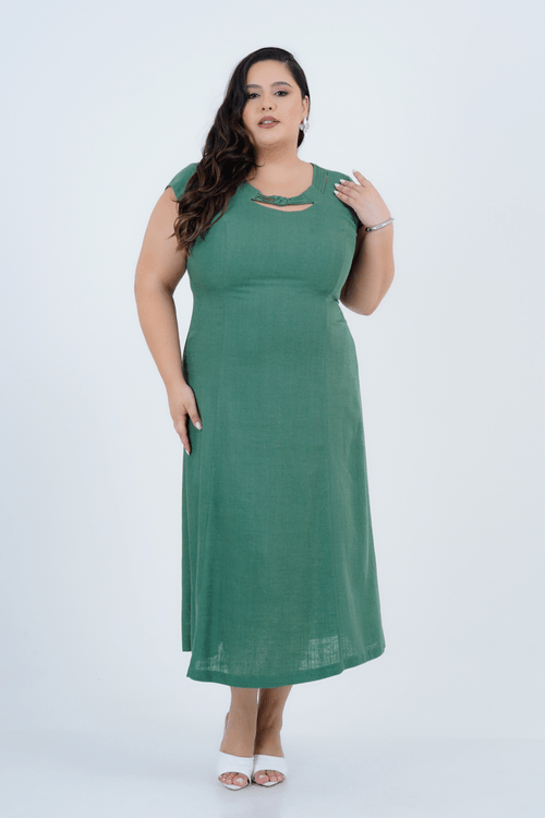 Vestido Plus Size Feminino Midi Linho Corrente