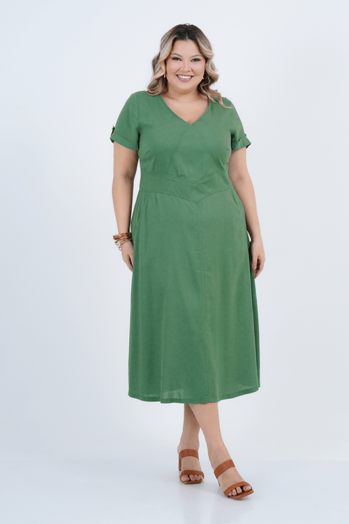 Vestido Plus Size Feminino Midi Linho Lady