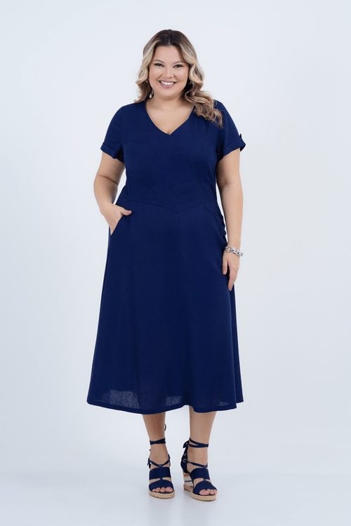 Vestido Plus Size Feminino Midi Linho Lady
