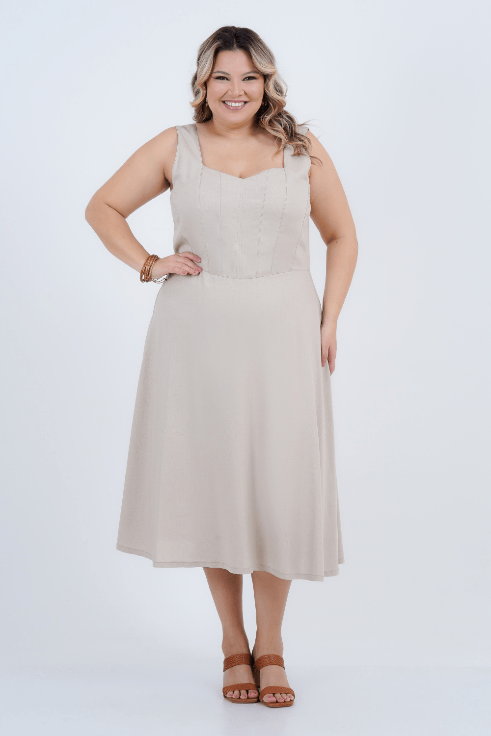 Vestido Plus Size Feminino Midi Linho Corselet