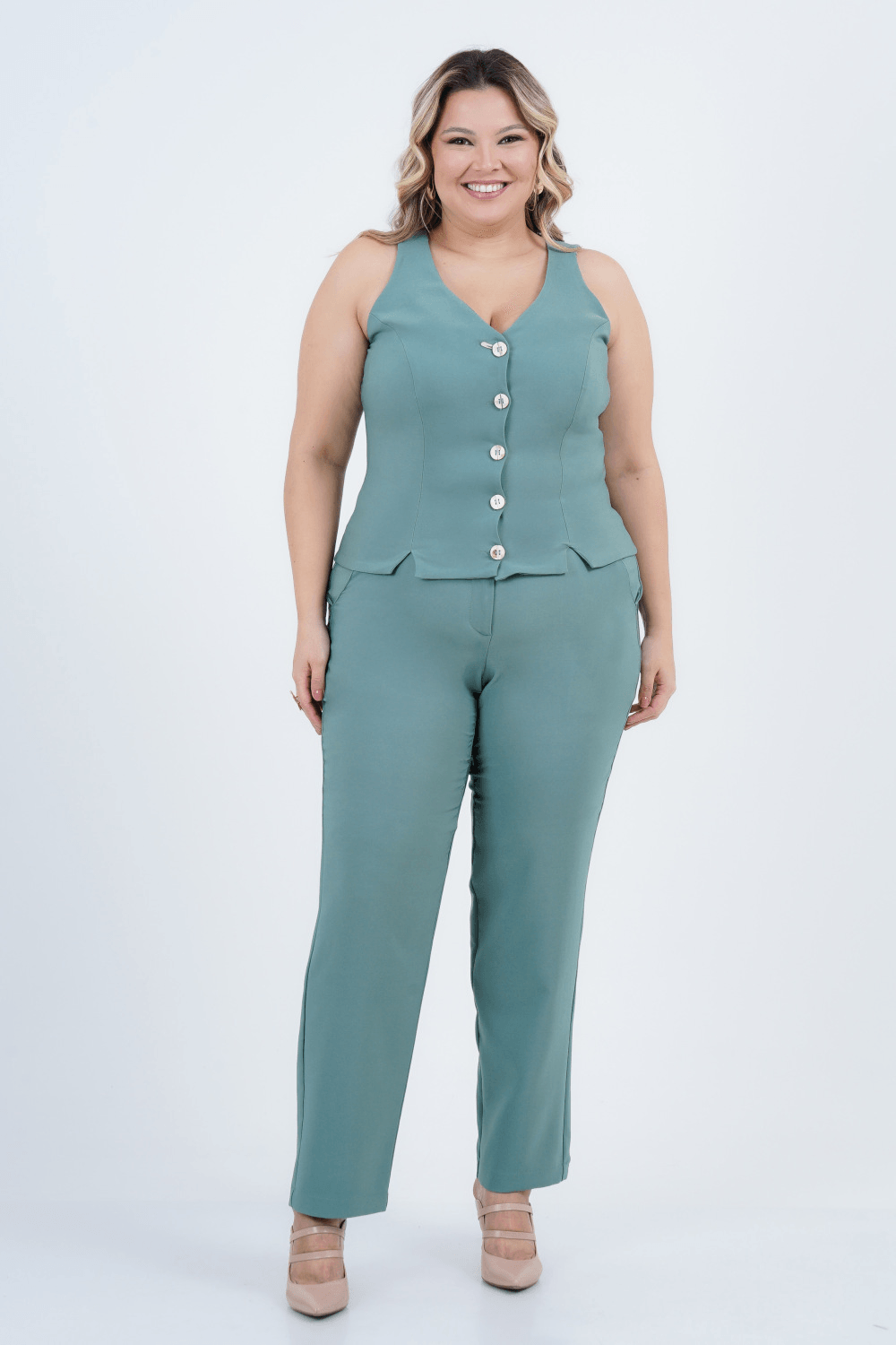 Calça Plus Size Feminino Reta Alfaiataria Eucalipto