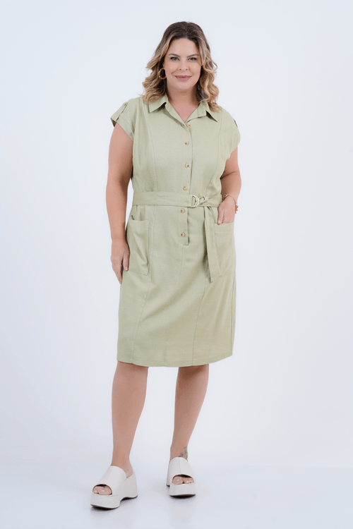 Vestido Plus Size Feminino Médio Linho Planície