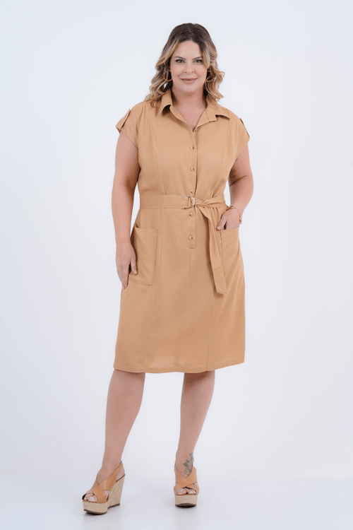 Vestido Plus Size Feminino Médio Linho Planície