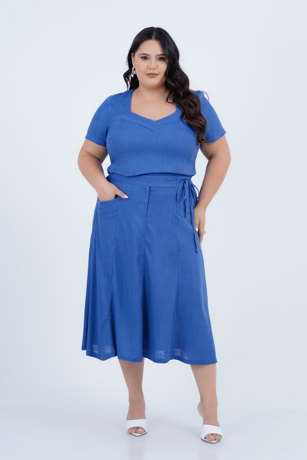 Saia Plus Size Feminino Midi Linho Cosmo
