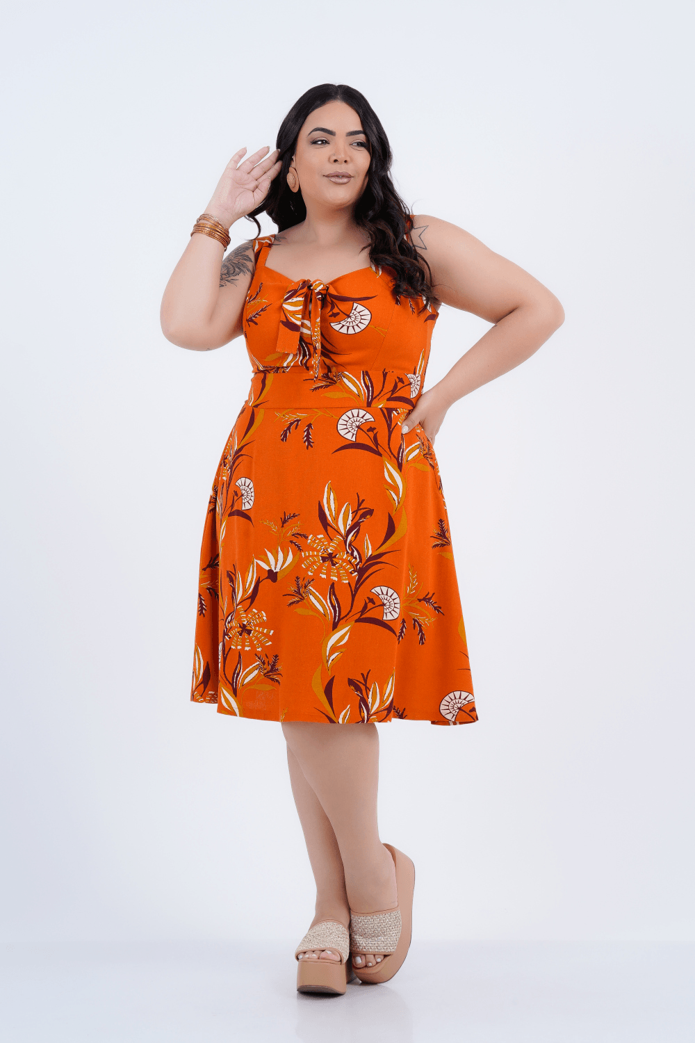 Vestido Plus Size Feminino Médio Linho Coral