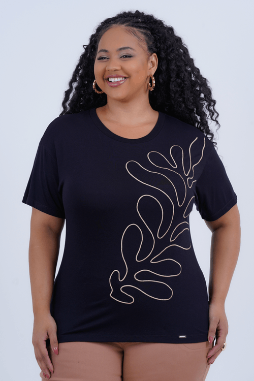Blusa Plus Size Feminino Manga Curta Foglie