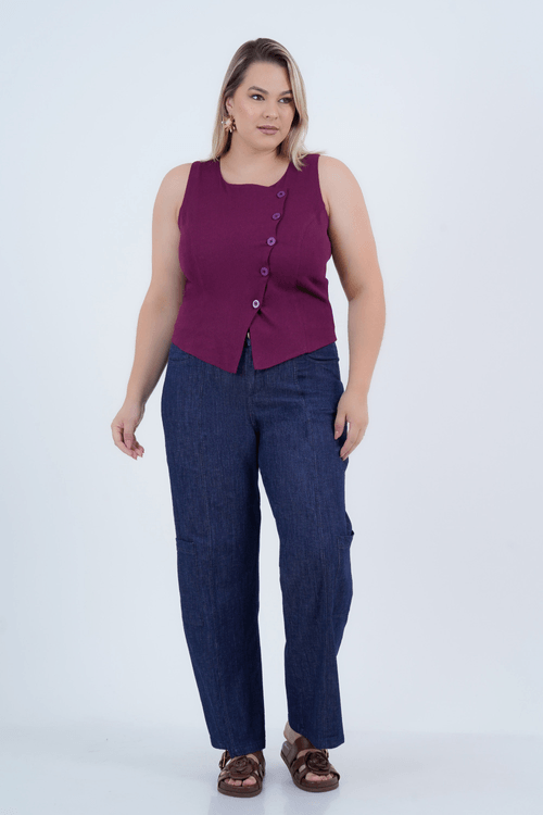 Blusa Colete Plus Size Feminino Linho Minerva