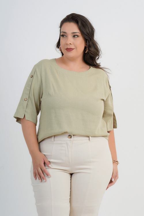 Blusa Plus Size Feminino Manga 3/4 Linho Gianna