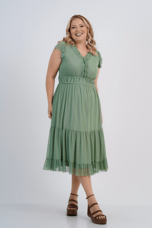 Vestido Plus Size Feminino Midi Tule Volant