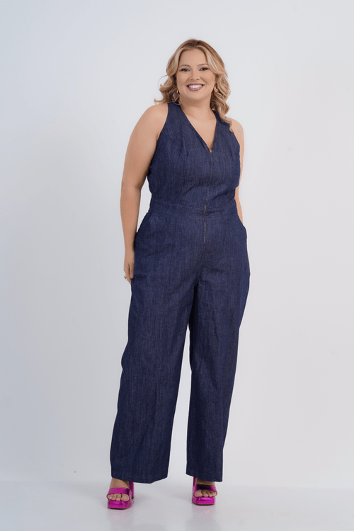 Macacão Plus Size Feminino Pantalona Jeans Euphoria