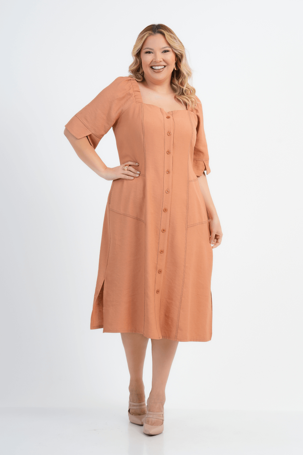 VESTIDO PLUS SIZE FEMININO MIDI ALFAIATARIA ANTÚRIO