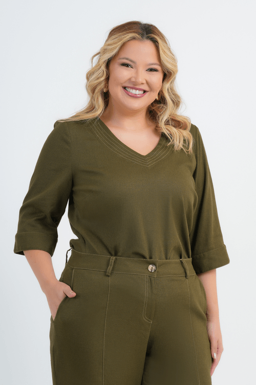 BLUSA PLUS SIZE FEMININO MANGA 3/4 LINHO CAPPUCCINO