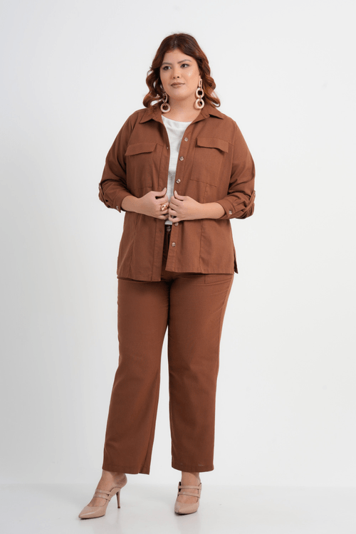 CALÇA PLUS SIZE FEMININO RETA LINHO GIRASSOL