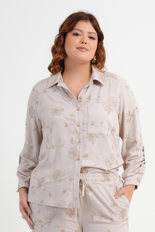 CAMISA PLUS SIZE FEMININO MANGA LONGA BORDADA PAUSA